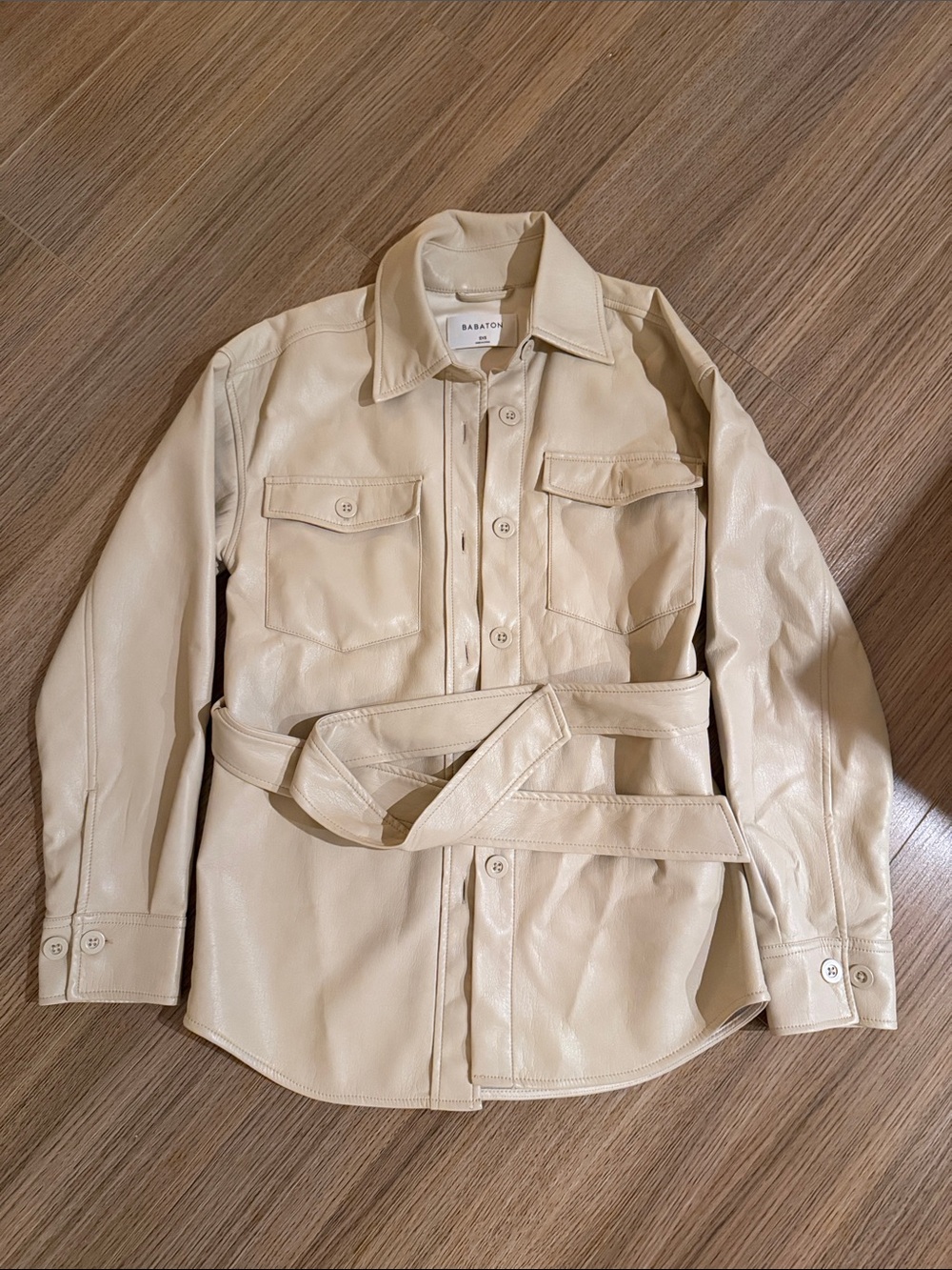 Babaton Cream Leather Belted Shirt Jacket